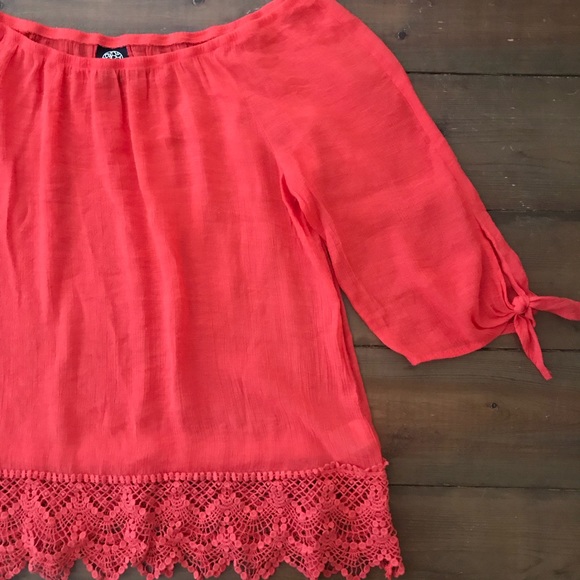 bobeau Tops - Bobeau Off the Shoulder Coral Top With Lace